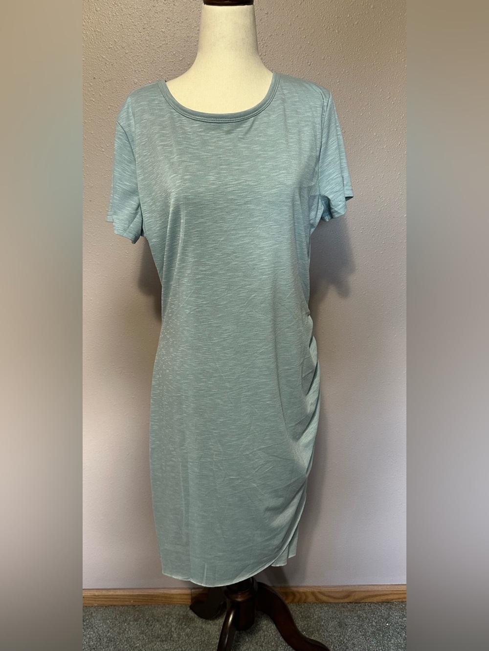 BTFMB Womens Size L Green/Gray Ruched Side Round Neck Short Sleeve Dress